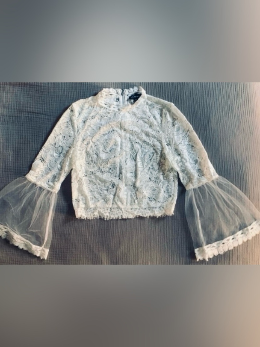 White Lace Sheer Bell Sleeves Crop Top
Blouse - Picture 7 of 14
